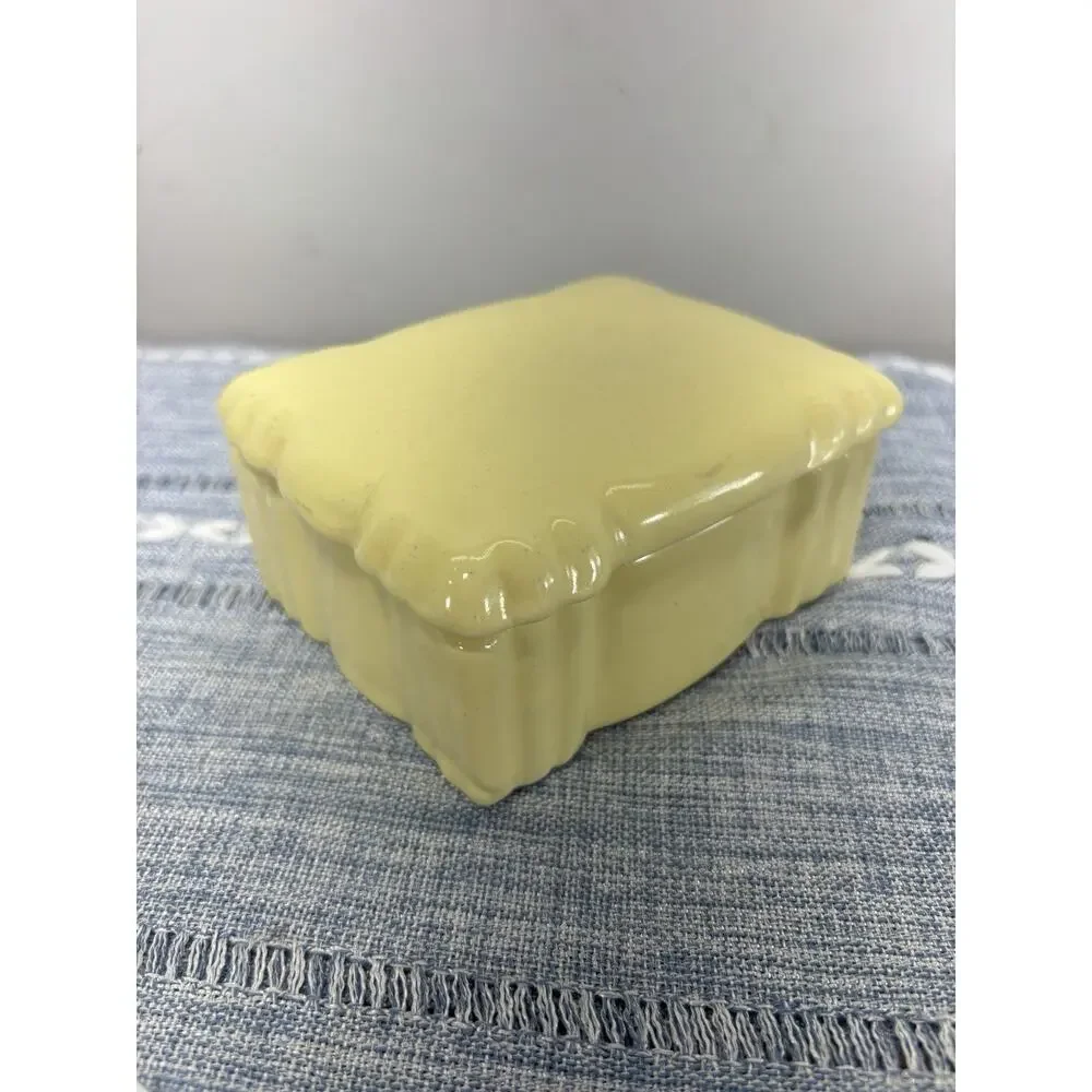 Vintage Yellow Ceramic Pillow Trinket Box Lidded Jewelry Box Retro Decor